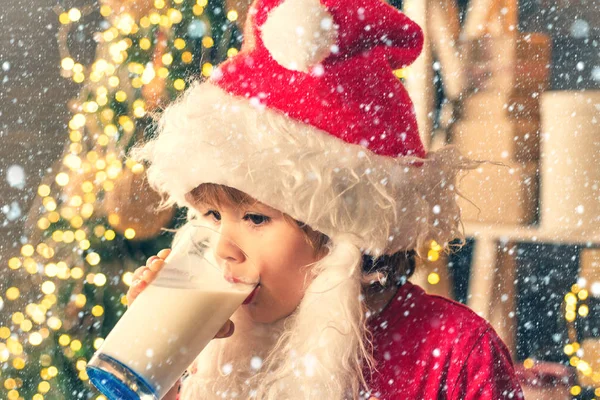 Santa Claus enjoys cookies and milk left out for him on Christmas eve. Christmas food and drink. Christmas cookies and milk. Santa Claus eating cookies and drinking milk on Christmas Eve. — ストック写真