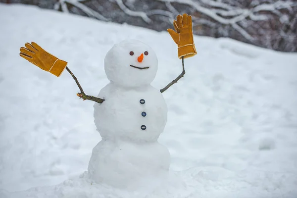 Boneco de neve engraçado com uma cenoura em vez de um nariz e em um chapéu tricotado quente em um prado nevado em um fundo de neve borrado. Boneco de neve está de pé em chapéu de inverno e cachecol com nariz vermelho . — Fotografia de Stock