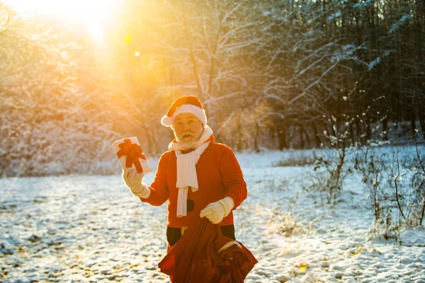 Santa en Nochebuena está llevando regalos a los niños en una bolsa roja. Santa en el campo de invierno. Árboles del parque de invierno cubiertos de nieve. —  Fotos de Stock