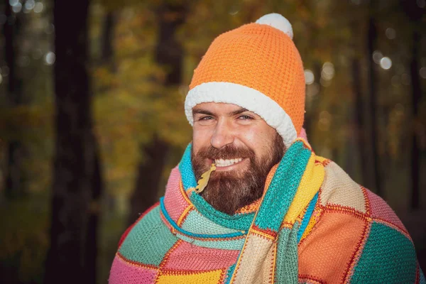 Uśmiechnięty brodaty mężczyzna trzyma jesienny liść dębu w zębach. Hipster w pomarańczowym kapeluszu i ciepłej kratce. Szczęśliwy człowiek w jesiennym nastroju na tle drzew. — Zdjęcie stockowe