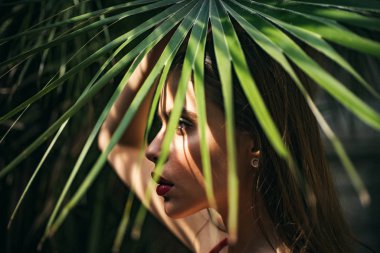 Palmiye yapraklarının arkasına saklanan seksi güzel kadın. Güzel bir kadın şefkatle yüzüne dokunuyor. Genç bir kadın poz veriyor. Mükemmel cilt. Yüz bakımı. Güzellik ve moda konsepti. Cilt bakımı.