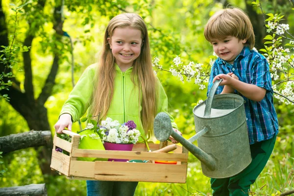 Countryside childhood. Smiling toddler boy and girl gardening and having fun in spring yard. Pretty cute kids working and playing in beautiful garden. Little lovers of nature. Happy childhood concept. — Stock Photo, Image