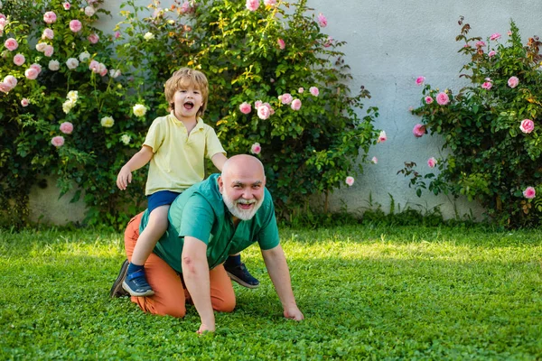 Dos generaciones - fin de semana juntos. Niño con padre sueña en verano en la naturaleza. Padre con hijo en el parque. Viejo padre jugar con el hijo - feliz día de los padres , — Foto de Stock