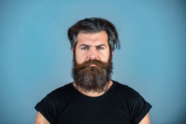 Uzun sakal. Mükemmel sakal. Mavi arka planda duran genç sakallı adamın yakın çekimi.