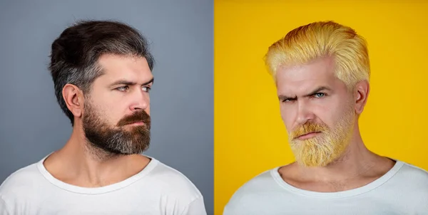 设置两个人理发店。 长胡子的男人，长胡子的男人。 长胡子的嬉皮士. 发式发型师。 广告和理发店的概念。 一套男人肖像 — 图库照片