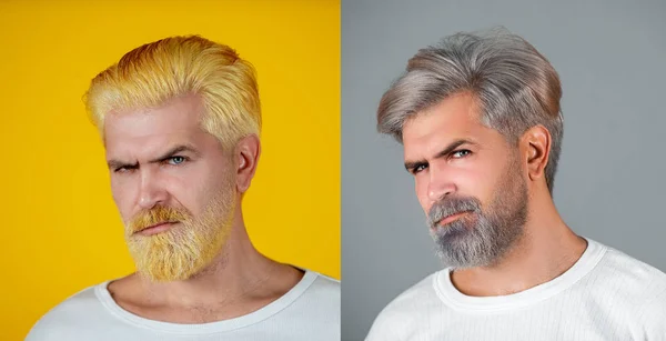 发式发型师。 广告和理发店的概念。 一套男人肖像。 理发店、沙龙、古董店的一组帅哥 — 图库照片
