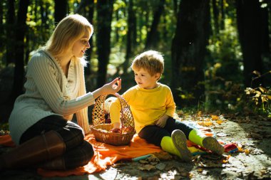 Genç bir anne, sonbahar pikniğinde oğluna tatlı bir Berrie sezonu yaşatıyor. Anne ve çocuk piknik battaniyesinde oturup piknik sepetinden yemek yiyorlar. Sonbahar güneşli sıcak bir gün. Aile kavramı.