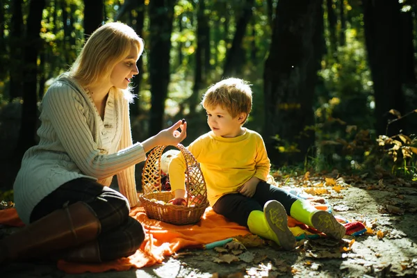 Mladá matka dává svému synovi sladkou sezónu Berrie na podzimním pikniku. Máma a dítě sedí u piknikové přikrývky a jedí z piknikového koše. Podzimní slunečný teplý den. Rodinný koncept. — Stock fotografie