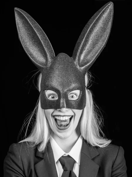 Fashion studio photo of sexy beautiful girl with blond hair with bunny ears. Bunny woman. Easter bunny woman. Easter dinner menu. Blonde woman in rabbit bunny ears.