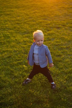 Çocuk oturuyor ve yapraklarla oynuyor. Sonbahar parkında düşen yaprakların arasında yürüyen tatlı erkek bebek. Parkta yürüyen mutlu çocuk. Gri kazaklı güzel bir çocuk sonbahar doğasında.