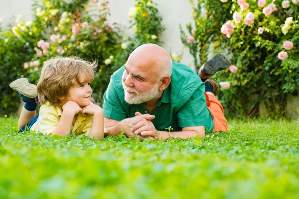 Pai filho e avô relaxando juntos. Pai de família feliz e criança no prado com um papagaio no verão na grama verde. Avô e filho. Rapaz bonito com o pai jogando ao ar livre . — Fotografia de Stock