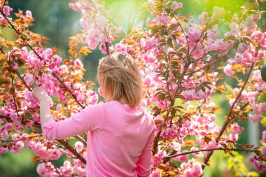 Kadınlar Günü, 8 Mart. Çiçek açan sakura dallarını tutan güzel kadın..