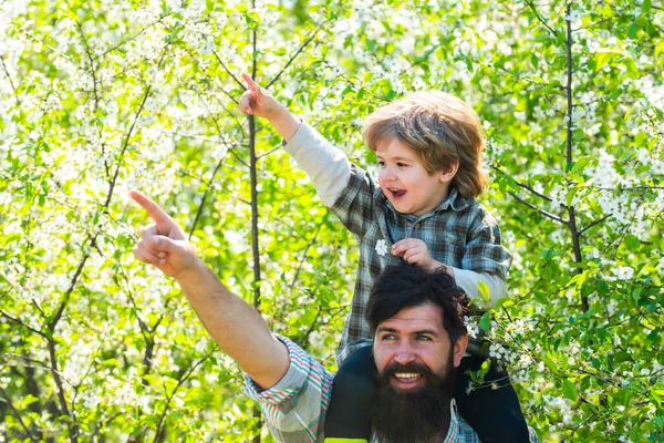 Baba ve oğul çiftlikte birlikte çalışıyorlar. Mutlu aile: baba ve çocuk oğul bahar çiçekleri bahçesinde. Babalar Günü.