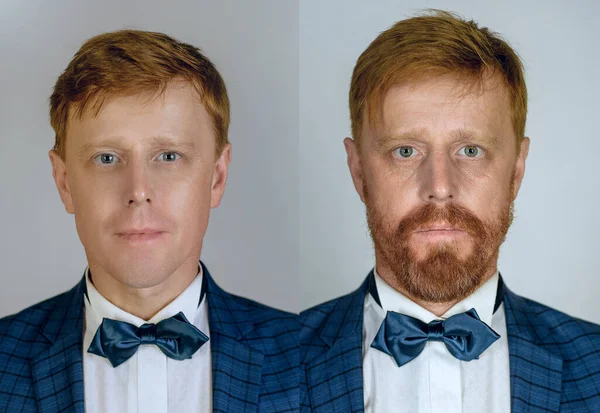 Dos fotos diferentes del mismo hombre barbudo de jengibre en diferentes edades. Crecer y el concepto de anciano. Retrato del hombre en edades más jóvenes y mayores . — Foto de Stock