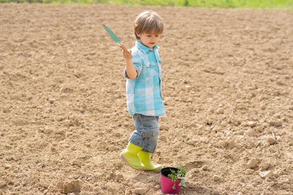 Jag gillar att vara på gården. Vårens trädgårdsrutin. Barnlek i vårträdgården. Porträtt av trädgårdsmästare som bär skördat på gården. — Stockfoto