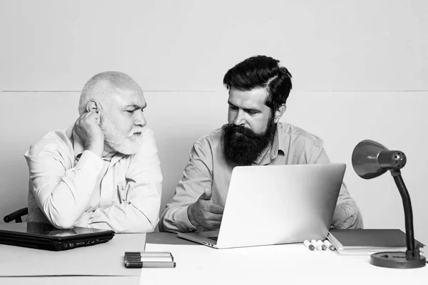 Employees sit at office desk look at laptop screen cooperating in office. Businessman read news in internet. Two colleagues working together at office on color background.