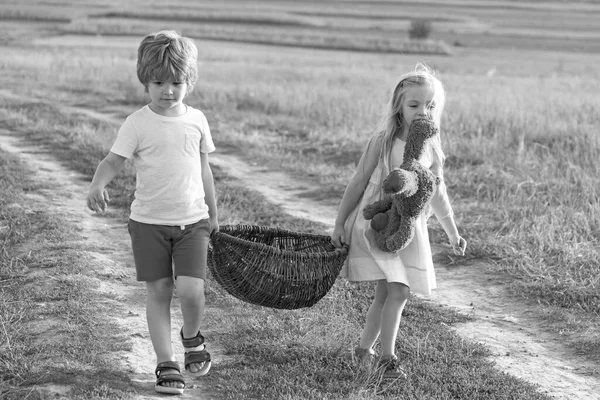 Verano en el campo. Eco granja para niños. Eco vida. Naturaleza y estilo de vida infantil. Ocio de verano. Linda niña y niño trabajando en la granja al aire libre. Campesinos ecológicos . — Foto de Stock