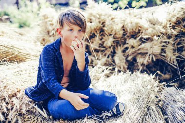 Çiftlik köyü zemin üzerine altın varak tutan küçük çocuk yakışıklı. Elma ve yalanlar saman üzerinde tutan çocuk çocuk.