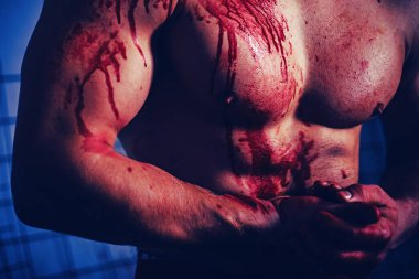 Mutant concept. Psycho mad man. Murderer brutal aggressive guy. Aggressive person. Injured soldier. Chest muscular torso with bloody streams. Pain and gain. Pain and injury. Body soiled blood clipart