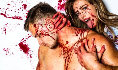 Couple on bloody background. Animal instinct. Donation and donar. Couple in blood. Terrifying zombie couple.