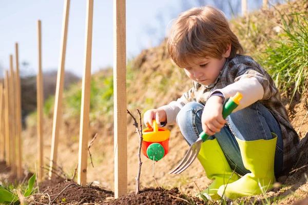 Cute little farmer working with spud on spring field. Little gardener. Kid planting flowers in pot. Son planting flowers in ground. — Stockfoto