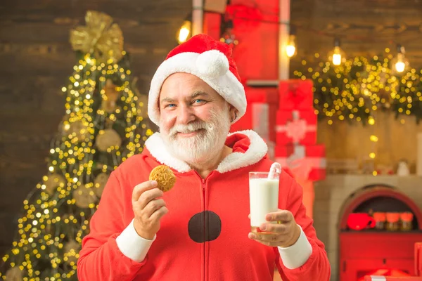 Christmas food and drink. Santa Claus enjoying in served gingerbread cake and milk. Portrait of Santa Claus Drinking milk from glass and holding cookies.