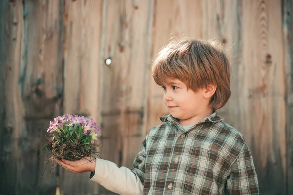 Εργαλεία κήπου. Ένας αγρότης φυτεύει στον λαχανόκηπο. Προσεκτική παιδική ηλικία. — Φωτογραφία Αρχείου