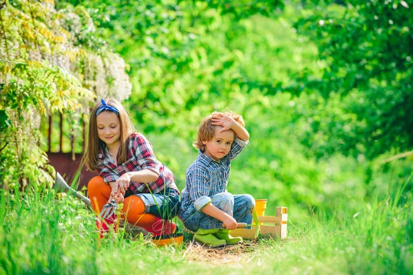 Słodkie dzieci bawiące się na farmie. Koncepcja farmera dzieci. Dzieci bawią się w wiosennym ogrodzie. Szczęśliwe dzieci pracują roślin i wody w zielonym ogrodzie wiosna. — Zdjęcie stockowe