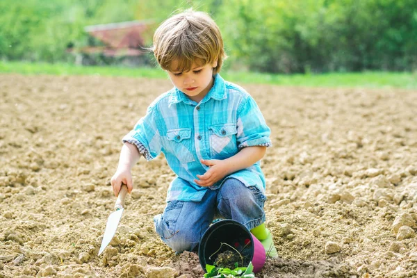 Sohn baut Blumen an. Gartengeräte. Kind arbeitet im Garten in der Nähe von Blumengarten. — Stockfoto