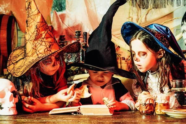 Cute children in scary costumes reading horror stories in old house during Halloween party. Kids smiling on a Halloween party. Funny kids dressed witch costume.