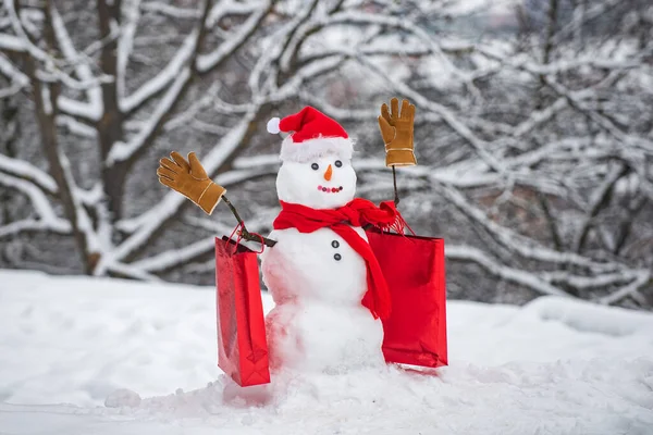 クリスマス休暇割引と冬のセール。買い物袋付きのスカーフと帽子の雪だるま。冬のクリスマスの風景に立っているギフトボックスを持つ幸せな雪だるま. — ストック写真