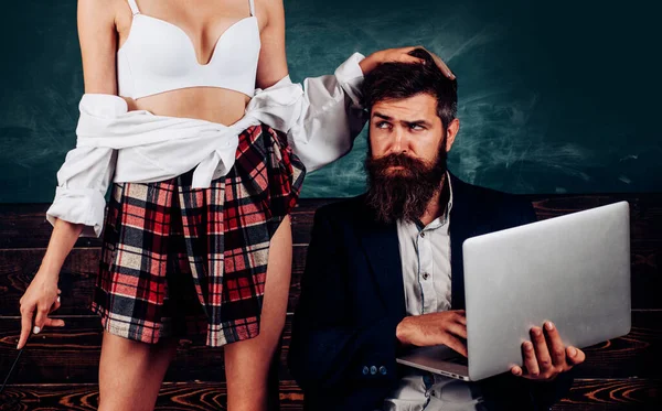 Sex education. Sex role game. Guy laptop erotic video. Man experienced bearded teacher and seductive female sexy boobs. Learning sexy female body. Sexual life concept. Desirable student sexy breasts