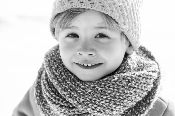 Snow games. Winter holidays concept. Have wonderful holiday. Happy new year and merry christmas. Happy winter child snow background. Cute boy in winter clothes hat and scarf close up. Winter fashion — ストック写真