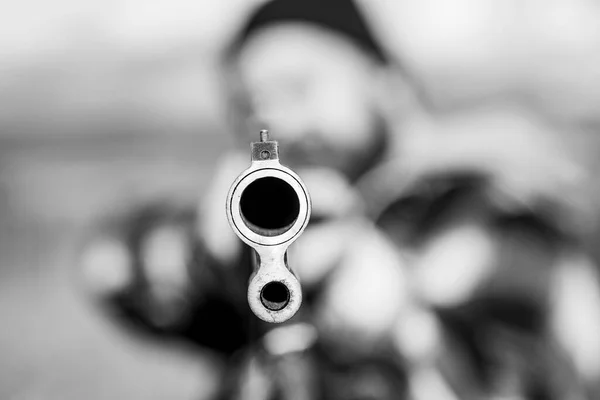 Barrel of a gun. Hunter with shotgun gun on hunt. Closed and open hunting season. Big game. Track down. Copy space for text. — Stock Photo, Image