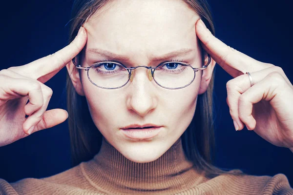 Woman trying keep emotions under control feeling distressed and drained massaging temples with fingers. Trying pull emotions together. — Stock Photo, Image