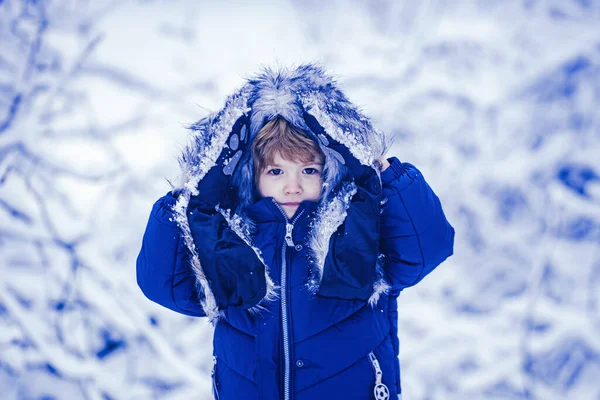 Söt liten unge njuter i vinterparken i snö. Begreppet vinterbarn vänlighet och barndom. — Stockfoto