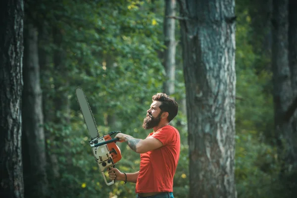 Taglialegna nel bosco con ascia motosega. Legna da ardere come fonte di energia rinnovabile. Un giovanotto elegante che si finge boscaiolo. Taglialegna che tiene la motosega . — Foto Stock