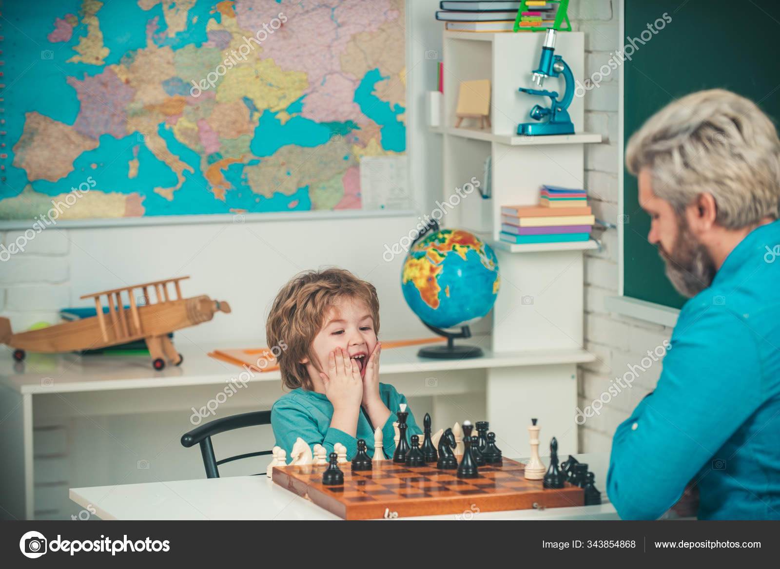 Games good for brain intelligence concept. Chess strategy. Father and