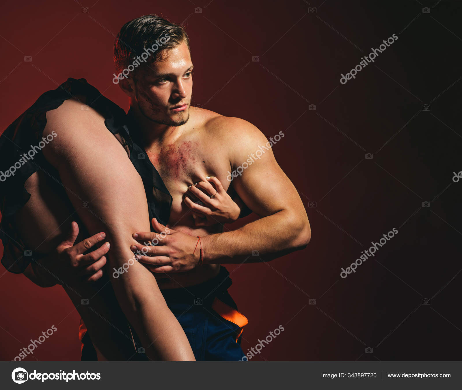 Sexy couple play in love games. Brave firefighter. Saved woman. Dominating in the foreplay sexual role play. Hot Firefighter. Risky occupations concept