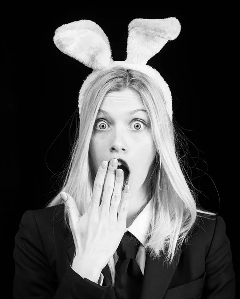 Sexy model dressed in costume Easter bunny. Woman rabbit easter bunny girl. Fashion studio photo of sexy beautiful girl with blond hair with bunny ears. Surprise.