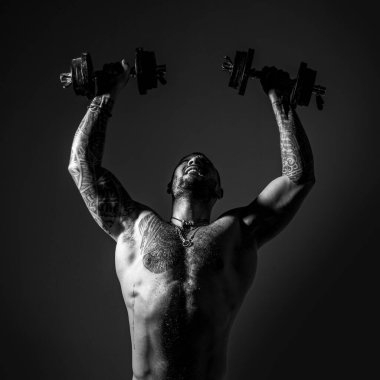 Strong man raising the dumbbells up. Intense workout. Body with tattoo.