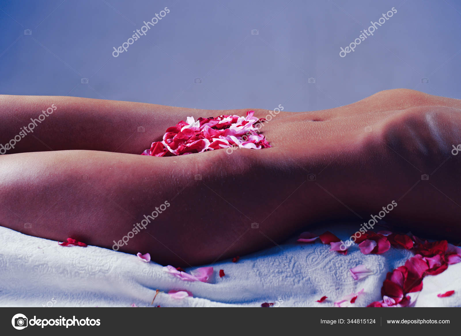 Rose petals on a naked body. Girl in a festive romantic mood. Sensual girl is having sex on bed. Nude sensual woman with perfect body