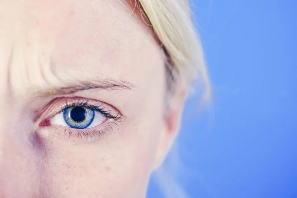 Beautiful blonde woman with clean skin and frekles frown her brows over bright blue background. Thin brows and blue eyes. Thundery brow and sad look. — Stock Photo, Image