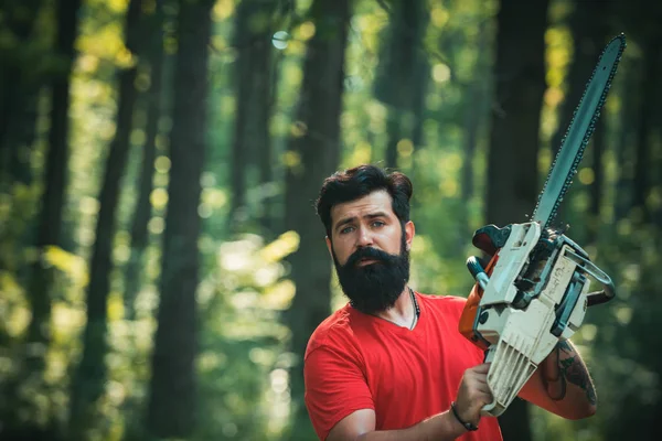 Madera en el bosque con hacha de motosierra. Un leñador profesional sosteniendo motosierra en el bosque. Madera de leñador. Hombre haciendo trabajo de hombre . — Foto de Stock