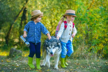 Kızı ve oğlu. Yeni yürümeye başlayan çocuklar. Çocuklar sahada köpekle vakit geçiriyorlar. Küçük sarışın bir kız ve evcil köpeğiyle parkta gezen sevimli bir oğlan..