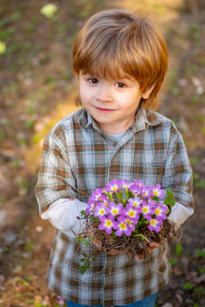 Ο γιος καλλιεργεί λουλούδια. Φυτεύω λουλούδια. Μικρή βοηθός στον κήπο Φυτεύοντας λουλούδια. — Φωτογραφία Αρχείου