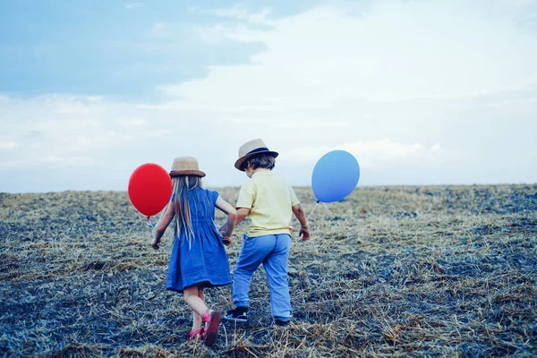 Childhood concept. Carefree childhood. Springtime on the ranch. Sister and brother working in field. Happy kid on summer field. Eco resort child activities. Ecology concept child.