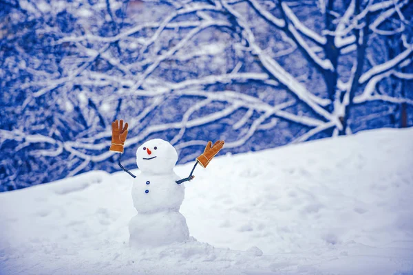 Hombre de nieve. Feliz año nuevo. Hombre de nieve en sombrero de invierno. Fondo de Navidad con muñeco de nieve. Fondo de invierno con copos de nieve y muñeco de nieve . —  Fotos de Stock