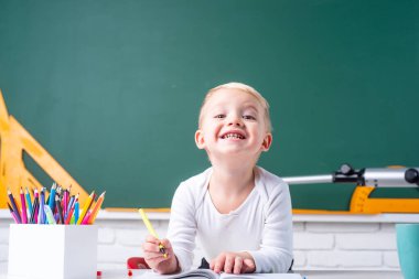 Sınıftaki komik öğrenci portresi. İlkokul ve eğitim. Bireysel eğitim.