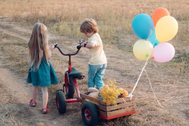 Kız ve erkek kardeşlerin tarlada çalışmalarını arka planda görüyoruz. Kırsal kesimde yaz. Çocuklar çiftlikte eğleniyor.
